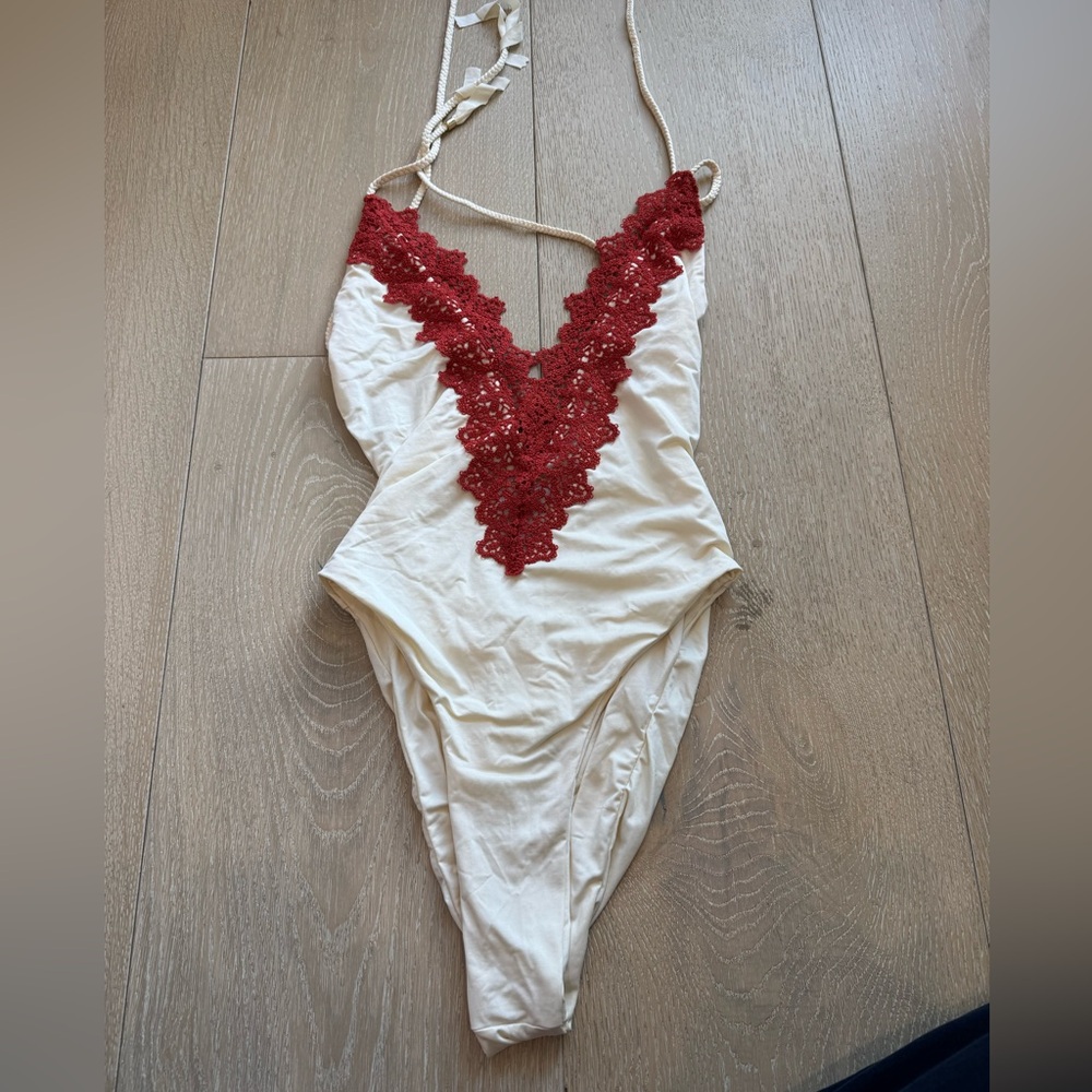 Planet Blue Red and Cream Lace Bathing Suit